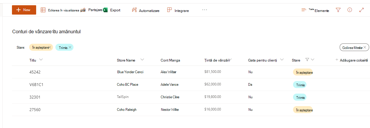 Captură de ecran a unei liste sortate în SharePoint.