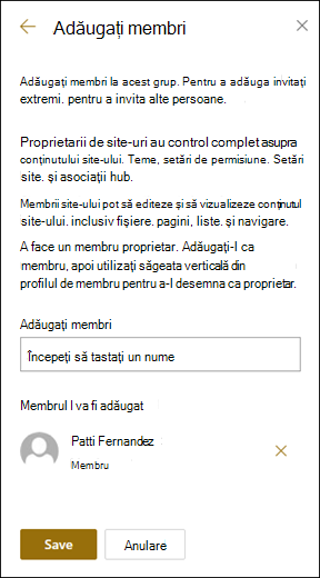 Previzualizarea panoului Adăugare de membri.