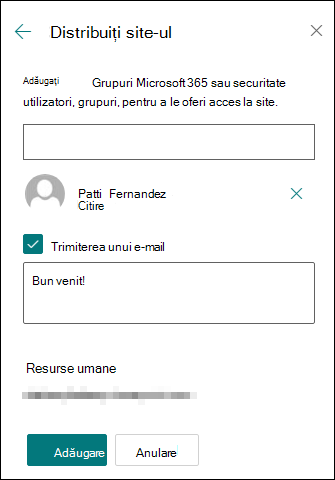 Previzualizarea panoului de permisiuni pentru distribuirea site-ului