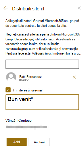 Previzualizarea panoului Distribuirea site-ului.