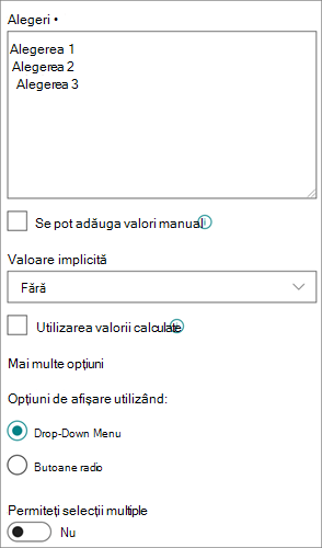 Opțiuni pentru coloanele Opțiune din experiența modernă