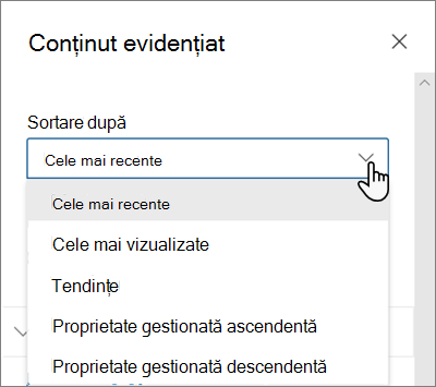 Opțiunile de sortare după pentru partea web Conținut evidențiat în experiența SharePoint modernă