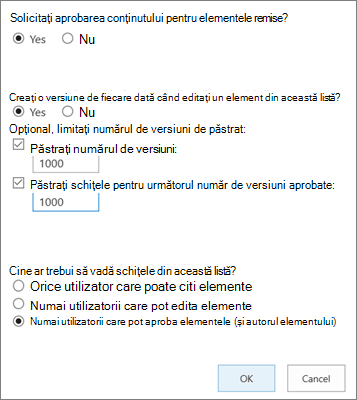 List Settings options in SharePoint Online, showing versioning enabled