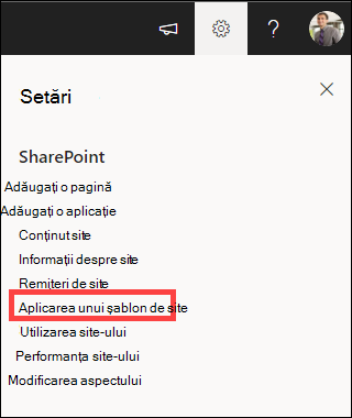 Setări cu opțiunea Se aplică un șablon de site evidențiată.