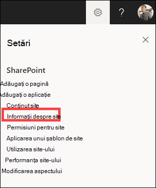 Panoul Setări deschis cu informațiile site-ului evidențiate.