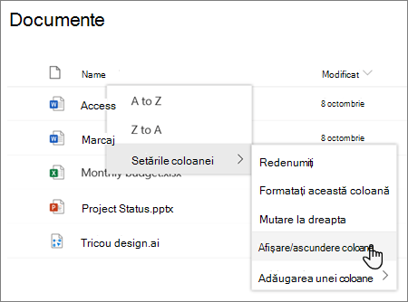 Setările > de coloană Opțiunea Afișare/ascundere coloane atunci când este selectat un titlu de coloană într-o listă sau bibliotecă SharePoint modernă