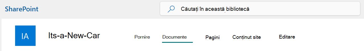 Un meniu din bara de sus a site-ului SharePoint, cu opțiunea Documente selectată.