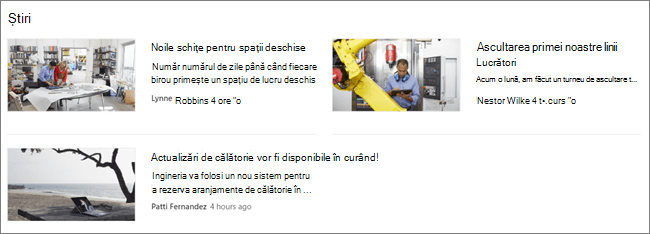 Captură de ecran a părții web Știri a unui site SharePoint, unde publicările au fost filtrate