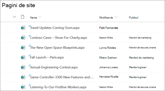 Vizualizarea Pagini de site pentru un proprietar sau administrator de site SharePoint, afișând Postările de știri care au fost setate cu orientare către public