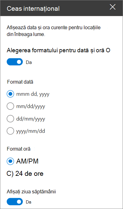 Caseta de instrumente pentru partea web Ceas internațional pentru site-uri SharePoint, care arată cum să particularizați formatarea datei și orei