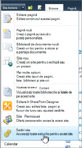 Setări site în meniul Acțiuni site