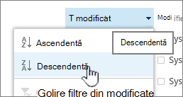 Meniul vertical de sortare dintr-un antet de coloană