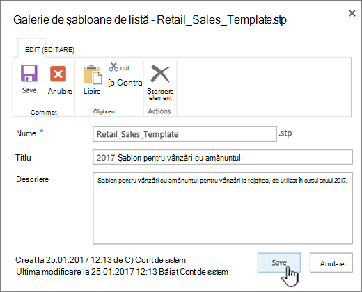 Editarea proprietăților șabloanelor unei liste