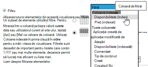 În SharePoint Online, alegeți un câmp indexat