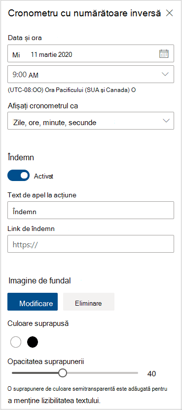Setările cronometrului de numărătoare inversă