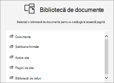 Selectați o bibliotecă de documente pentru a o plasa pe o pagină