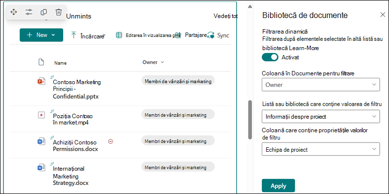 Bibliotecă de documente cu panoul deschis pentru opțiuni de filtrare dinamică