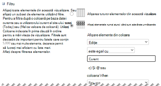 Sub Editare setări, definiți filtrele dorite pentru vizualizarea dvs.