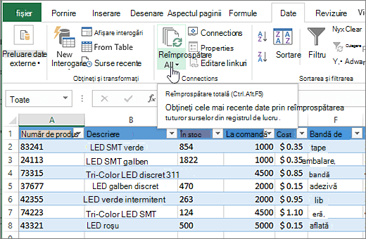 Foaie de calcul Excel cu lista importată și butonul Reîmprospătare totală evidențiate.