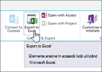 Butonul Export către Excel din SharePoint evidențiat în panglică