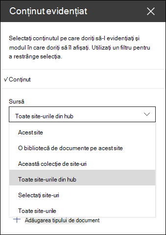 Conținut evidențiat web part tool pane