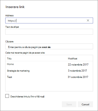 Caseta de dialog Inserare link