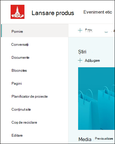 Meniul din stânga al site-ului de echipă SharePoint