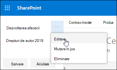 Editați linkul sau eticheta existentă dintr-un subsol pe un site de comunicare SharePoint.