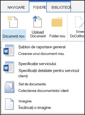 Meniul Document nou cu tipuri de conținut particularizate în SharePoint