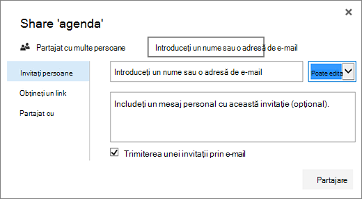 Caseta de dialog Partajare