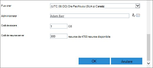Caseta de dialog Colecție de site-uri nouă cu secțiunea de fus orar și cote.