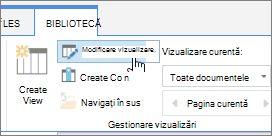 Fila Bibliotecă din Panglica SharePoint Online Opțiunea Modificare vizualizare