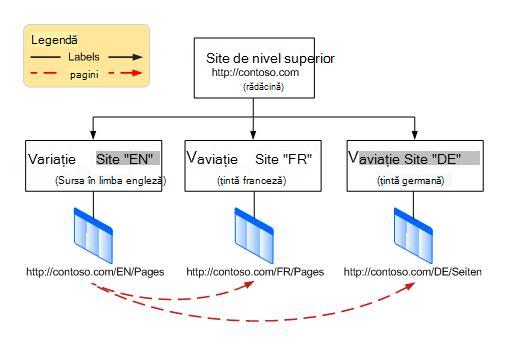 Diagramă ierarhică afișând un site rădăcină de nivel superior cu trei variații sub el. Variațiile sunt engleză, franceză și germană