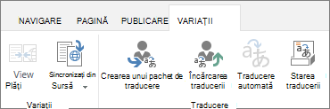 Captură de ecran cu fila Variații din site-ul țintă. Fila conține două grupuri, variație și traducere