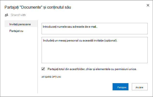 Caseta de dialog Partajare