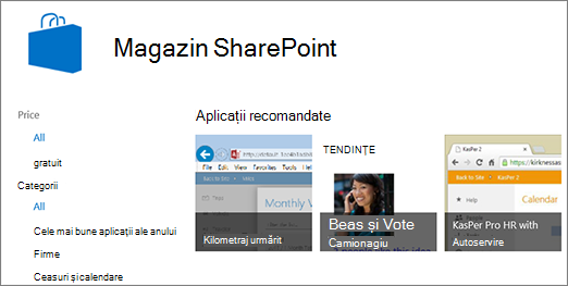 Vizualizare a selecției de aplicații din Magazinul SharePoint