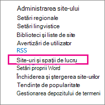 Secțiunea Site-uri și locuri de muncă a paginii Setări site