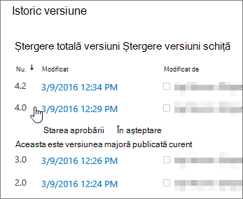 Istoric versiune cu o versiune minoră ștearsă