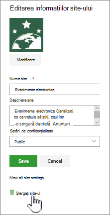 Site de echipă SharePoint Ștergerea locației site-ului