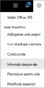 Meniul Setări cu Informații site selectat