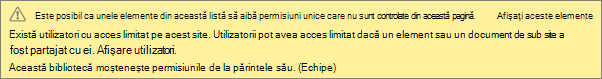 Imagine afișând mesajul pentru permisiuni unice pentru o listă sau o bibliotecă