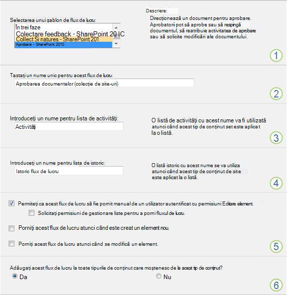 Pagina de configurare a fluxului de lucru