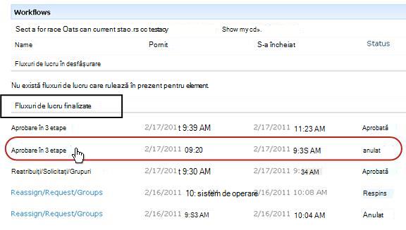 Lista Fluxuri de lucru finalizate pe pagina Fluxuri de lucru pentru element