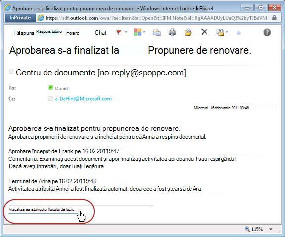 Notificare de terminarea a fluxului de lucru, cu linkul către istoric evidențiat