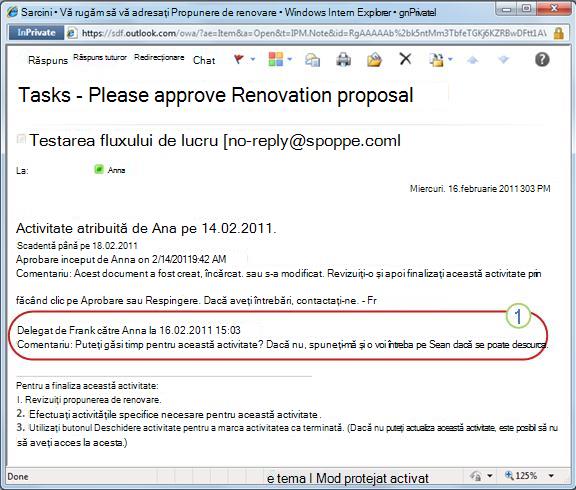 Notificare de activitate pentru activitatea reatribuită