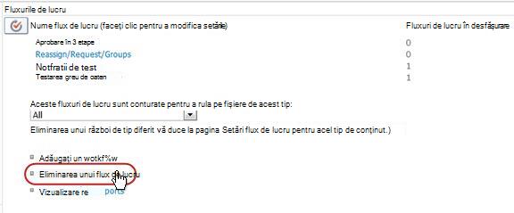 Pagina Setări flux de lucru cu linkul Eliminarea unui flux de lucru explicat
