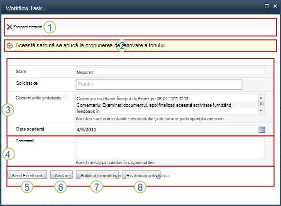 Formular de activități Obținere feedback cu câmpurile explicate