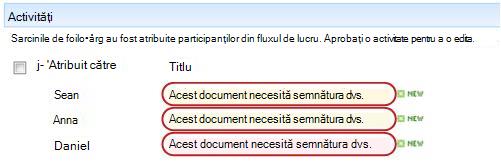 Identificarea textului în titlul activității pe pagina Stare flux de lucru