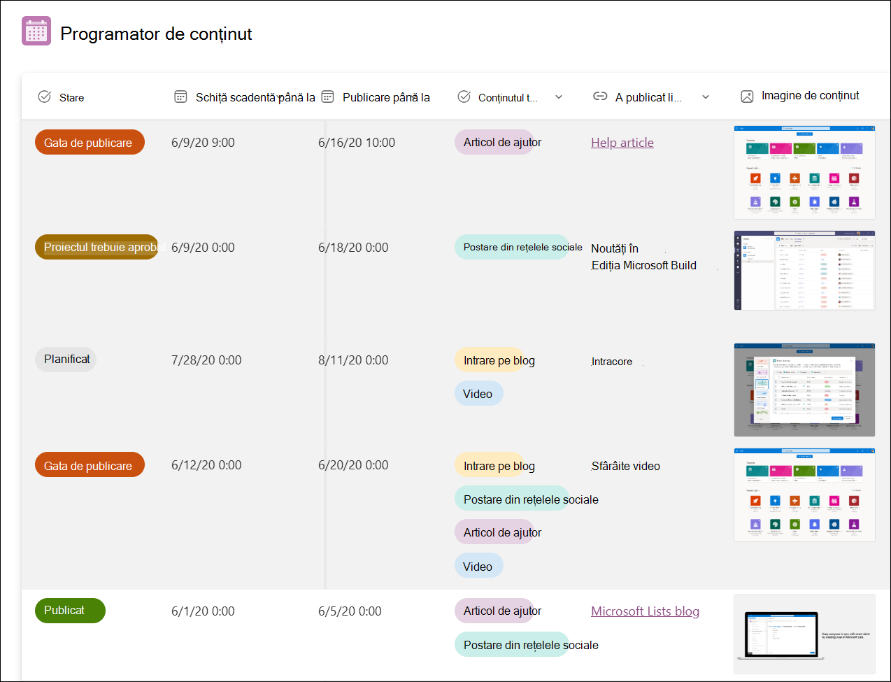 screenshot of Template of content scheduler sample