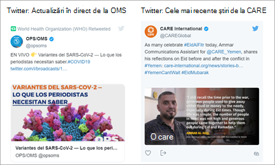 Imagine a părții web Twitter afișând tweeturi din două surse